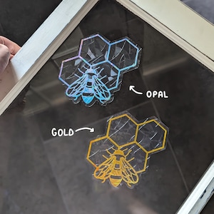 Bee and Honeycomb, Suncatcher Sticker, Iridescent Window Decal, Rainbow Maker, Honeycomb Suncatcher, Bee Suncatcher