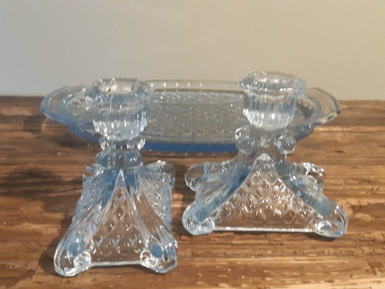 Vintage Blue Pressed Glass Vanity Set/tray With Candle Holders Etsy
