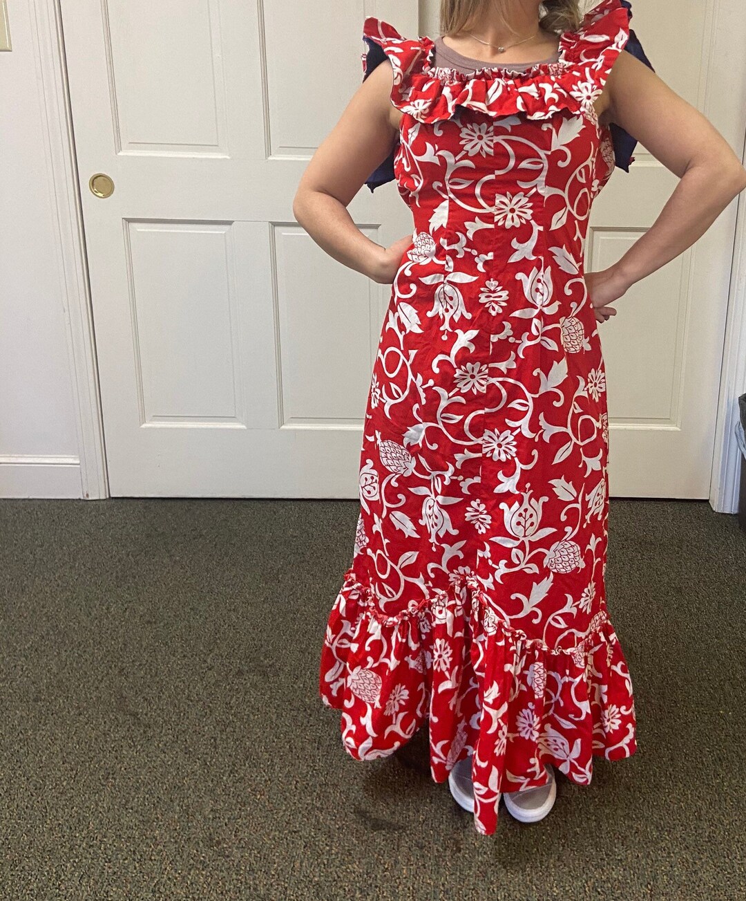 Red Hawaiian Dress off the Shoulder Neckline. Short Sleeves. Etsy