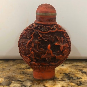 Antique Vintage China Chinese Carved Red Snuff Perfume Bottle