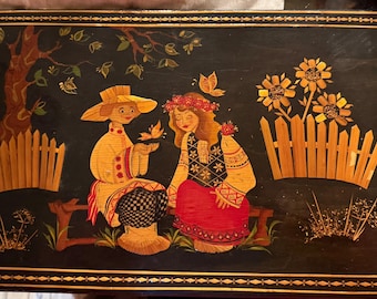 Vintage Russia Black Lacquer Mingei Folk Craft Wooden Panel Painting Soviet Era USSR Folk  Slavic Naive Sweet Kitsch Decor 1970s