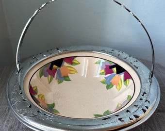 Cesta de porcelana cromada Art Déco com alça, Umbertone, feita para Farberware por Leigh Potters, porta-doces, tigela de nozes, flores de tulipa