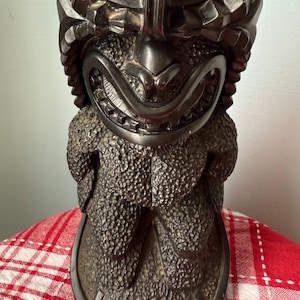Vintage Alii Gold carved Lava Lono Tiki, Sculpture Hawaii Volcanic  intricate detailed art Polynesian God of Peace and Prosperity 12.75”