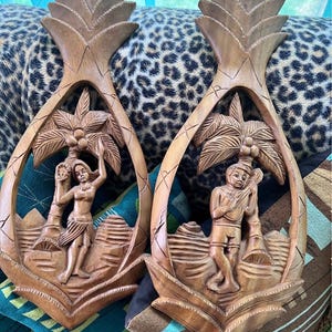 Pair Vintage Carved Wood Wall Hangings Pineapple Palm Tree Hula Girl Ukulele Tiki Bar Decor Philippines 1960s MCM Boho Tropical Hawiian