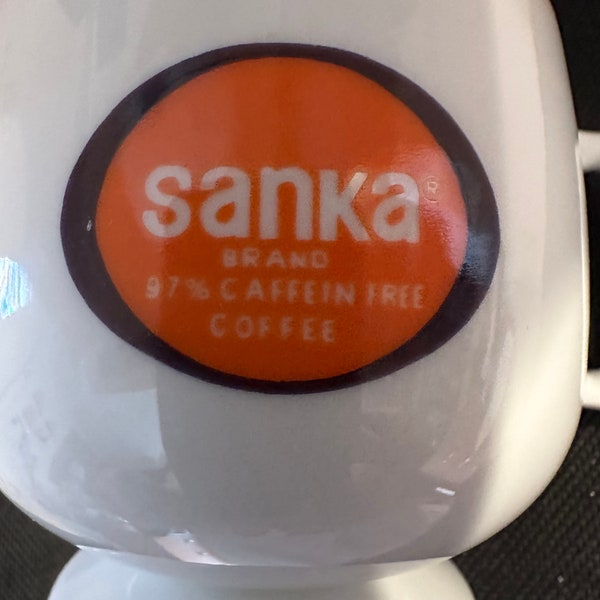 Vintage Sanka coffee, Decaffeinated coffee, white and orange porcelain pedestal mug cup, Made in Japan