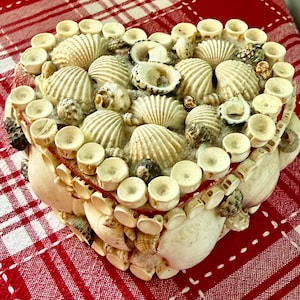 May include: A heart-shaped box decorated with an assortment of off-white seashells and small circular shell segments. The lid and sides are completely covered in various textured sea shells, creating a dense, layered, and natural mosaic pattern.