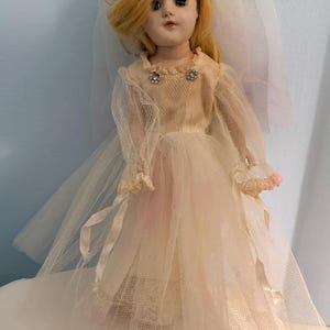 1950&#39;s Vintage Mary Hoyer Doll 14&quot; Tall, 1950&#39;s, needs TLC, wedding dress included, small faint stain in front