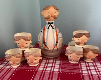 Vintage Lefton Barbershop Singers Decanter and Shot Glasses Set, MCM, Japan, 1960's
