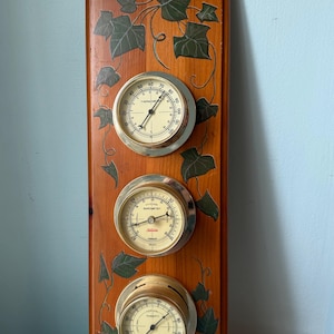 HTF Vintage Sunbeam Wood 3 Gauge Weather Station-Hand Carved Painted Vines and Ivy Leaves 19x7