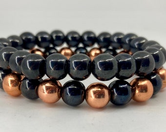 100% real raw copper 8mm beads and hematite magnetic bracelet on elastic thread.