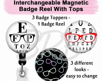 Optometry Optometrist Eyeglasses Interchangeable Magnetic Badge Reel Holder With 3 Swappable Toppers, Gift for Optical Clinic Staff