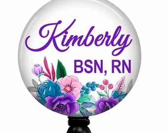 Floral Nurse Badge Reel: Personalized RN, BSN, or Credential - Carabiner Option