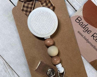 Interchangeable Badge Reel Wood and Silicone Beads in Neutral Color ID Holder Employee Gift