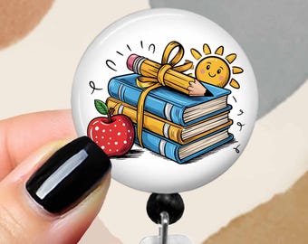 Teacher Badge Reel, ID Holder With Books, 1.75" Button Top