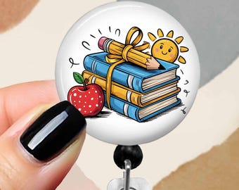 Teacher Badge Reel, ID Holder With Books, 1.75" Button Top