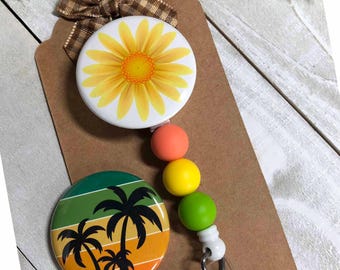 Interchangeable Badge Reel, Daisy Palm Tree Topper, Silicone Beads, Hook and Loop