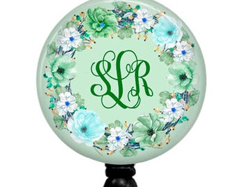 Personalized Floral Monogram Badge Reel, Green Wreath ID Name Clip, Carabiner Lanyard Tag