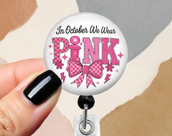 Pink Ribbon Badge Reel Breast Cancer Awareness 1.75" Mylar Button