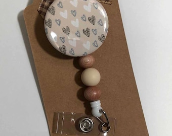 Interchangeable Badge Reel Wood and Silicone Beads in Neutral Color Hearts, ID Holder