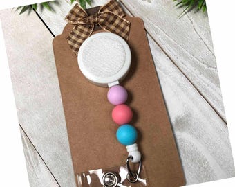 Beaded Badge Reel Interchangeable ID Holder Pastel Beads
