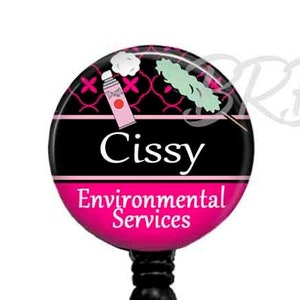 EVS Retractable Name Badge Holder for Housekeeper in Hospital Hotel Environmental Services, Personalized ID Clip, Hot Pink and Black, 721 image 1
