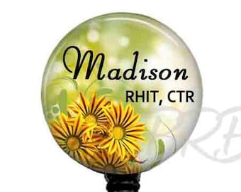 Personalized Sunflower Badge Reel: Floral Name Clip, Steth Tag