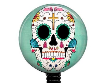 Sugar Skull Retractable Badge Reel: Dia de los Muertos Green Skull