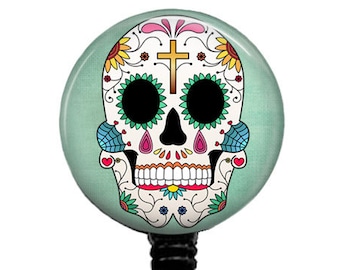 Sugar Skull Badge Reel: Dia de los Muertos Retractable ID Holder
