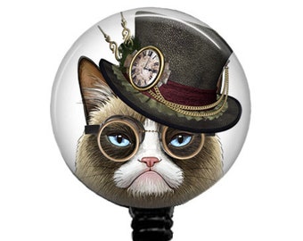 Grumpy Cat Badge Reel Nurse Retractable ID Holder Steampunk Badges Name Clips Steam Punk Carabiner Stethoscope Tag 332A