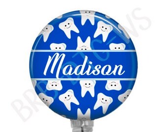 Dental Badge Reel With Teeth, Personalized Retractable ID Badge Holder for Dental Hygienist or Dentist, 623