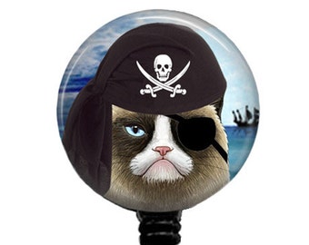 Grumpy Cat Pirate Badge Reel: Retractable ID Holder