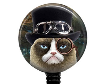 Steampunk Grumpy Cat Badge Reel: Retractable Nurse ID Holder