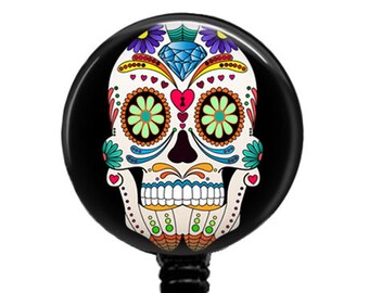 Sugar Skull Badge Reel Retractable Badge Reel Dia de los Muertos Day of the Dead, Name Clip, Carabiner, Stethoscope Tag, 391A