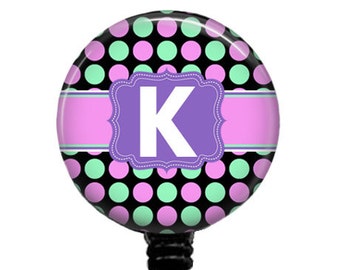 Personalized Initial Badge Reel: Pink & Green Polka Dot ID Tag