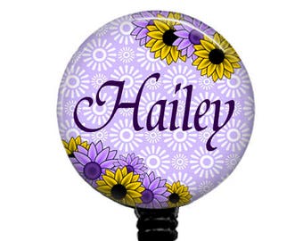 Purple Floral Personalized Badge Reel: Retractable ID Holder
