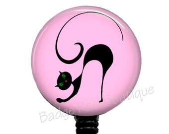 Cat Badge Holder Retractable Nurse Badge Reels RN Badges Black Silhouette Cat Pink Background Stethoscope ID Tag Name Clips Security 2000A