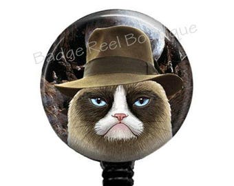 Grumpy Cat Badge Reel dressed as Indiana Jones, 332H
