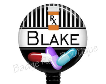 Personalized Pharmacy Badge Reel: RX Pills Retractable Name Tag