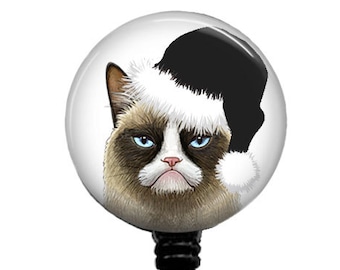 Grumpy Cat in Black Santa Hat Badge Reel Retractable Badge Reel CPA Information Technology Nurse Sonographer Dental RN Xray Ortho Techs 309C