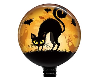 Halloween Black Cat Retractable Badge Reel: Nurse, Teacher, Hospital Worker