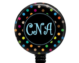 CNA - Pct - Lvn Badge Reel - Retractable Badge Holder for Nurse Colorful Polka Dots Stethoscope ID Tag or Carabiner, Name Clip, 341A