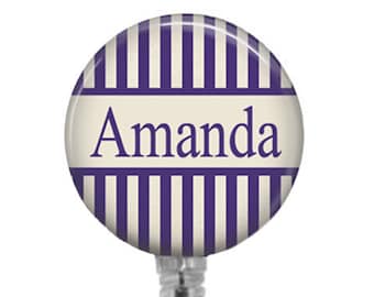 Purple Striped Badge Reel: Retractable ID Holder with Stethoscope Tag