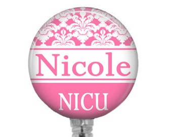 Personalized Pink Damask Badge Reel: NICU Nurse Retractable ID
