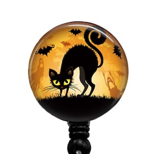 Halloween Badge Holder w Spooky Black Cat - Retractable Name Badge Holder,  317A
