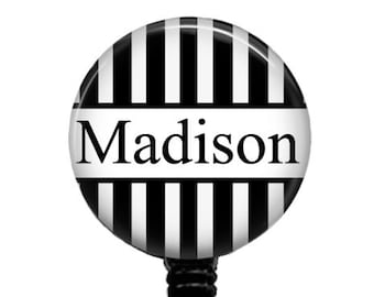 Personalized Black & White Stripes Retractable Badge Reel