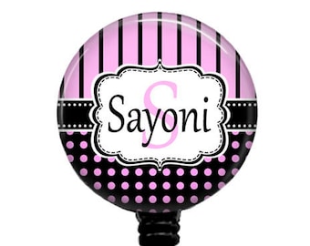 Personalized Retractable Badge Reel: Pink Stripes & Polka Dots, Carabiner Clip