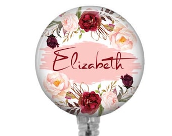 Peach Floral Badge Reel: Personalized ID Holder, Nurse Gift