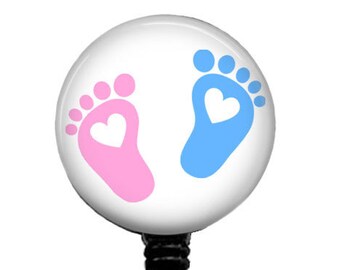 Baby Feet Badge Reel Nurse Badge Holder Pink and Blue NICU Pediatric Nurse Retractable ID Stethoscope Tag, Tiny Baby Feet Name Clip, 331C