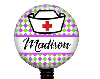 Purple & Green Nursing Badge Reel: Personalized Steth ID Tag
