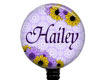 Purple Floral Badge Reel: Retractable ID Holder, Stethoscope Tag